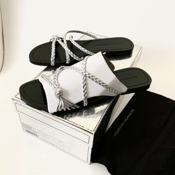 Sigerson Morrison Brock Silver Leather Flat Sandal Women’s Open Toe Mule Shoe 37 - Picture 4 of 6